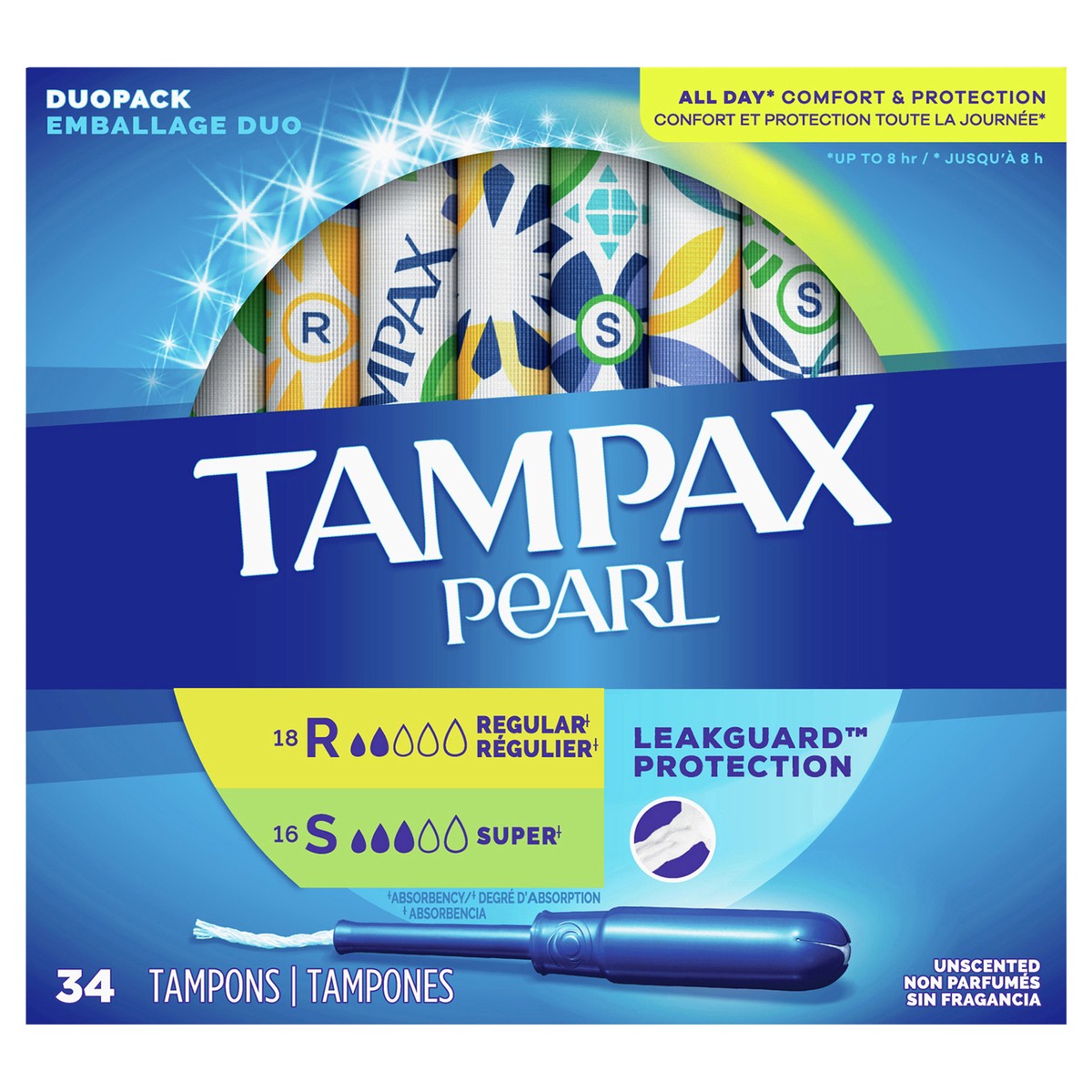 slide 1 of 110, Tampax Pearl Tampons Duo Pack, Regular/Super Absorbency with BPA-Free Plastic Applicator and LeakGuard Braid, Unscented, 34 Count, 34 ct
