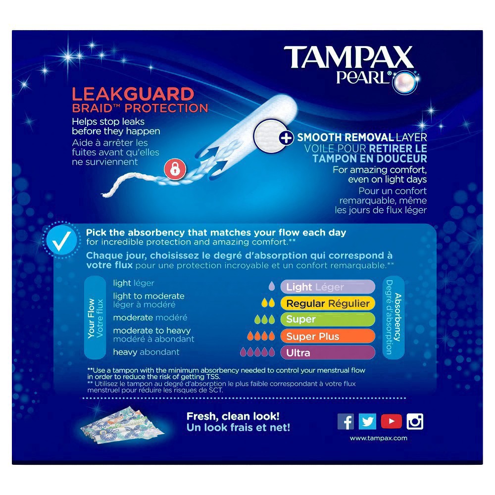 slide 79 of 110, Tampax Pearl Tampons Duo Pack, Regular/Super Absorbency with BPA-Free Plastic Applicator and LeakGuard Braid, Unscented, 34 Count, 34 ct