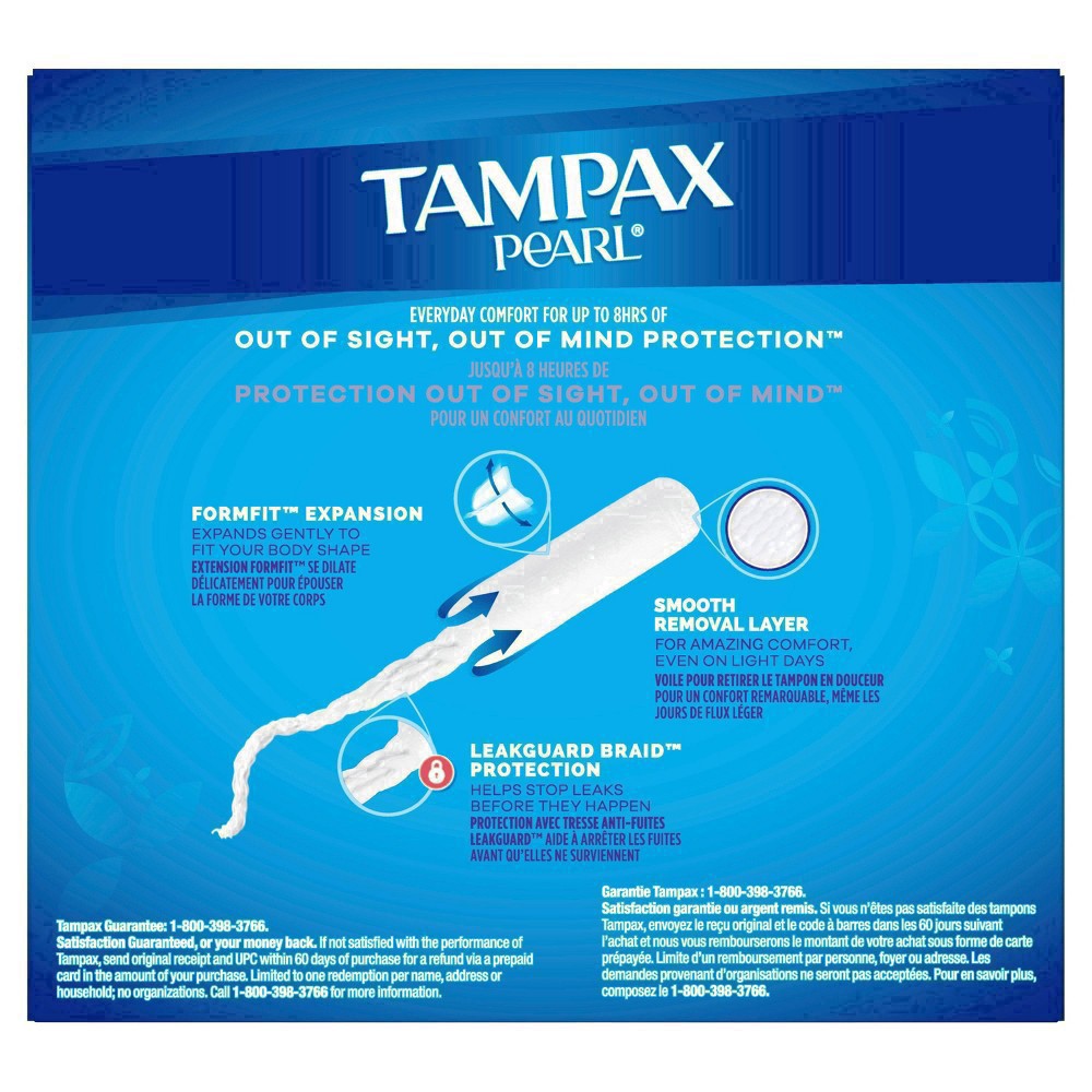 slide 28 of 110, Tampax Pearl Tampons Duo Pack, Regular/Super Absorbency with BPA-Free Plastic Applicator and LeakGuard Braid, Unscented, 34 Count, 34 ct