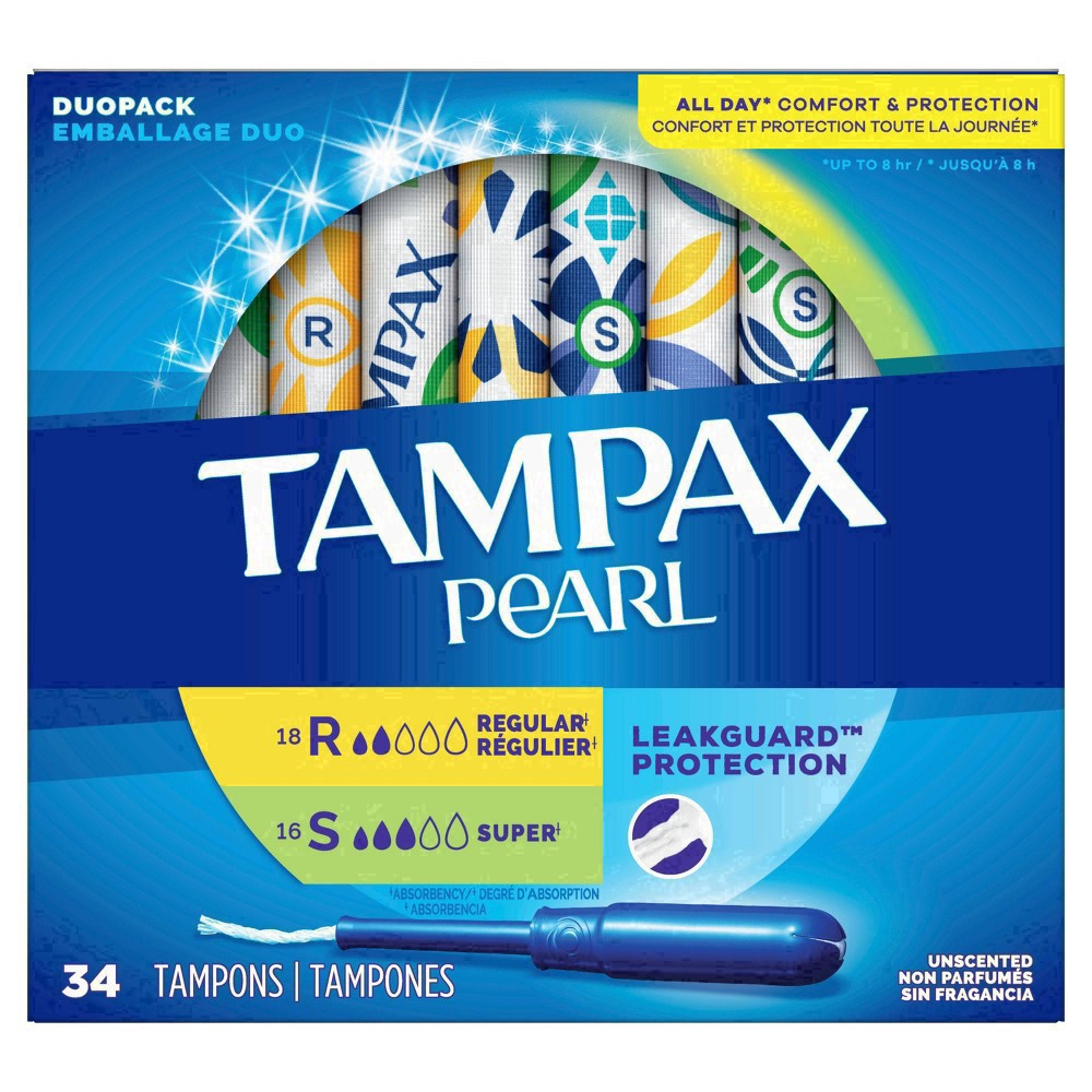 slide 82 of 110, Tampax Pearl Tampons Duo Pack, Regular/Super Absorbency with BPA-Free Plastic Applicator and LeakGuard Braid, Unscented, 34 Count, 34 ct