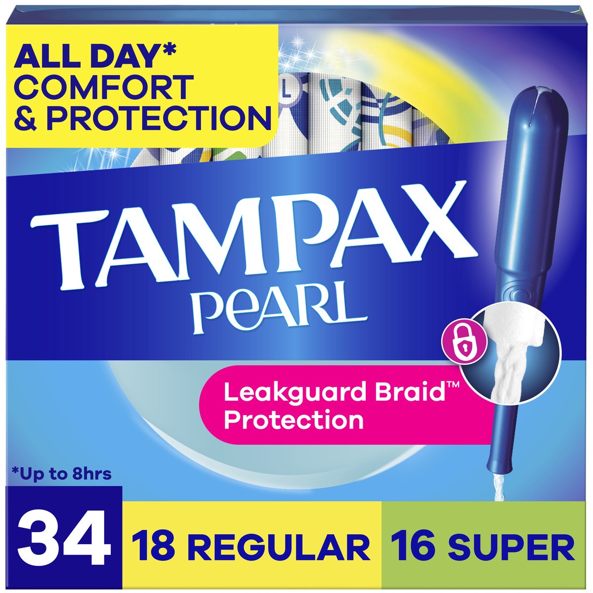 slide 1 of 110, Tampax Pearl Tampons Multipack, with LeakGuard Braid, Regular/Super Absorbency, Unscented, 34 Count, 34 ct
