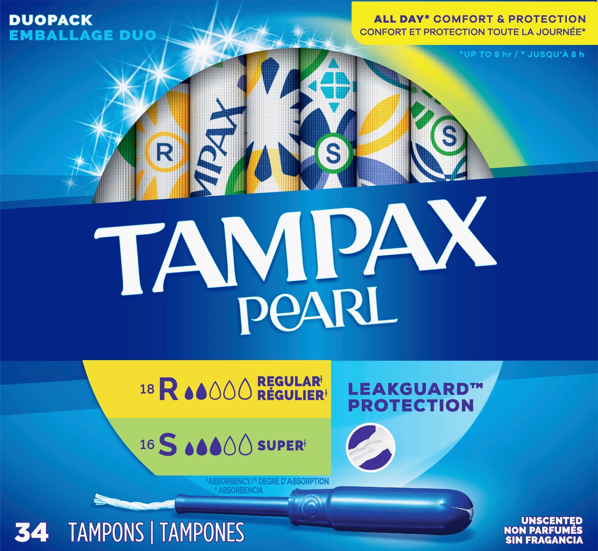 slide 1 of 110, Tampax Pearl Tampons Duo Pack, Regular/Super Absorbency with BPA-Free Plastic Applicator and LeakGuard Braid, Unscented, 34 Count, 34 ct