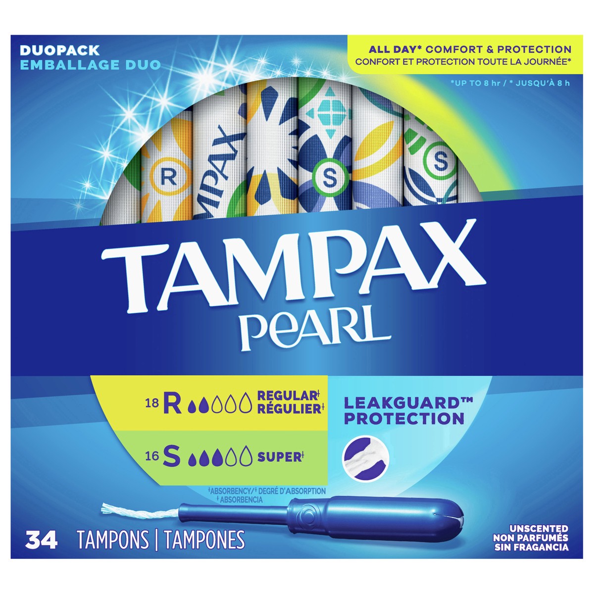 slide 1 of 110, Tampax Pearl Tampons Duo Multipack, with LeakGuard Braid, Regular/Super Absorbency, Unscented, 34 Count, 34 ct