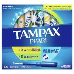 Tampax Pearl Tampons Duo Pack, Regular/Super Absorbency with BPA-Free Plastic Applicator and LeakGuard Braid, Unscented, 34 Count