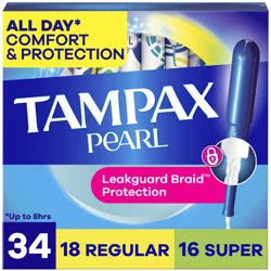 Tampax Pearl Tampons Multipack, with LeakGuard Braid, Regular/Super Absorbency, Unscented, 34 Count