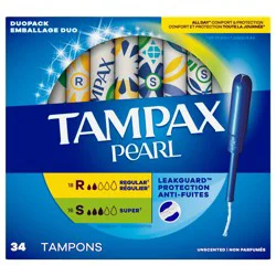 Tampax Pearl Tampons Multipack, with LeakGuard Braid, Regular/Super Absorbency, Unscented, 34 Count