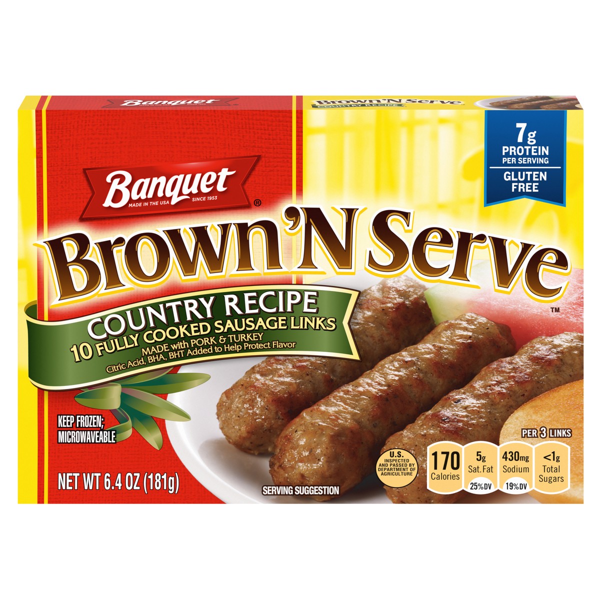 slide 1 of 5, Banquet Brown ‘N Serve Country Recipe Fully Cooked Sausage Links, Frozen Meat, 10 Count, 6.4 OZ, 10 ct