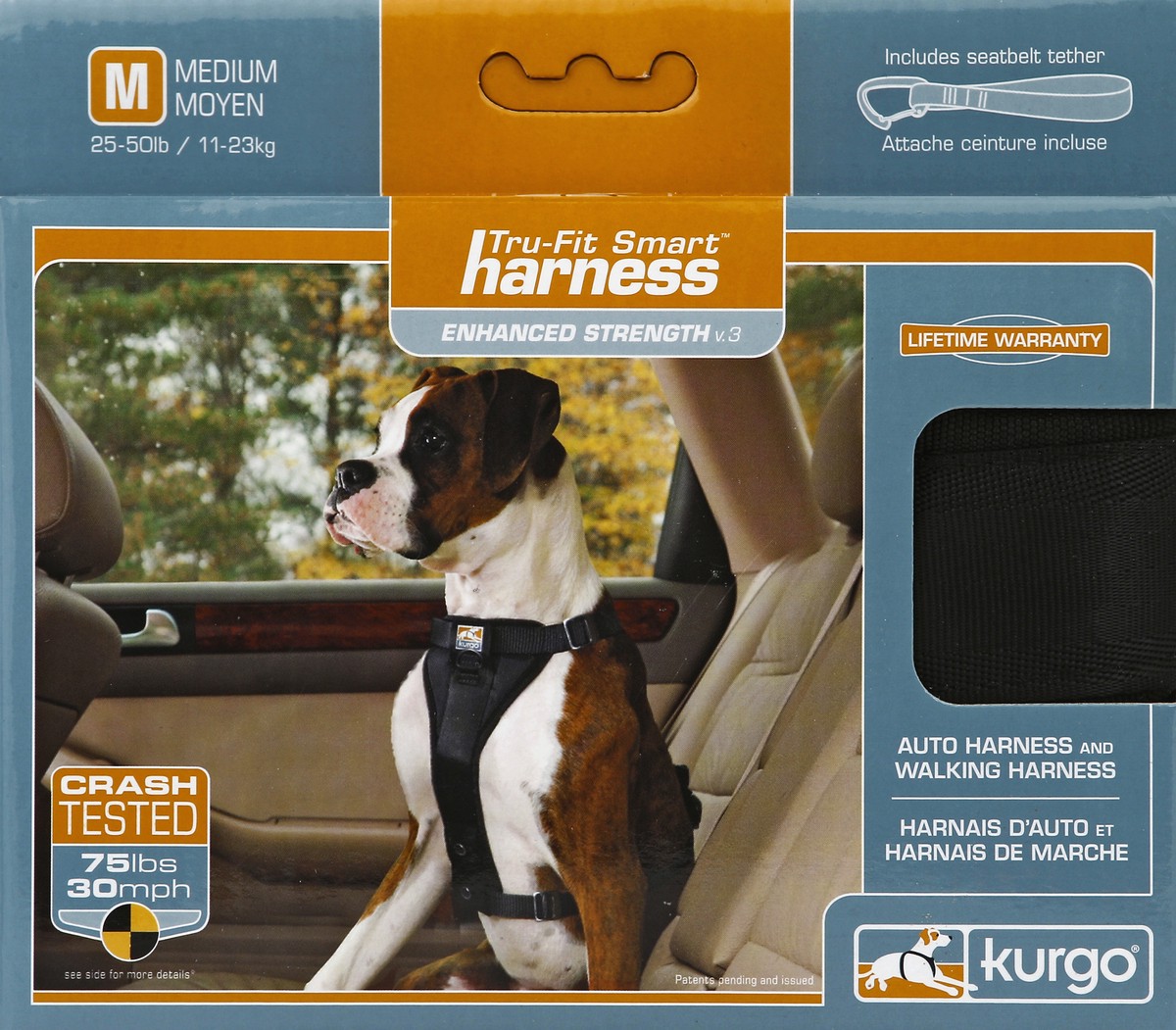 slide 4 of 4, Kurgo Enhanced Strength Tru-Fit Smart Harness w/seatbelt tether -Black - M, MED