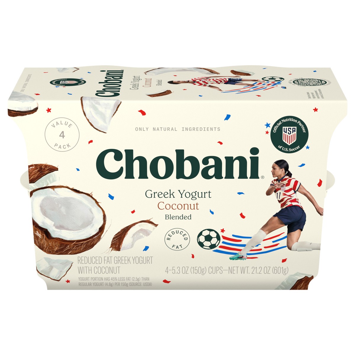 slide 1 of 9, Chobani Yogurt, Greek, Low-Fat, Coconut, Blended, 4 Value Pack, 4 ct