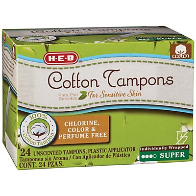 slide 1 of 1, H-E-B 100% Cotton Tampons Super, 24 ct