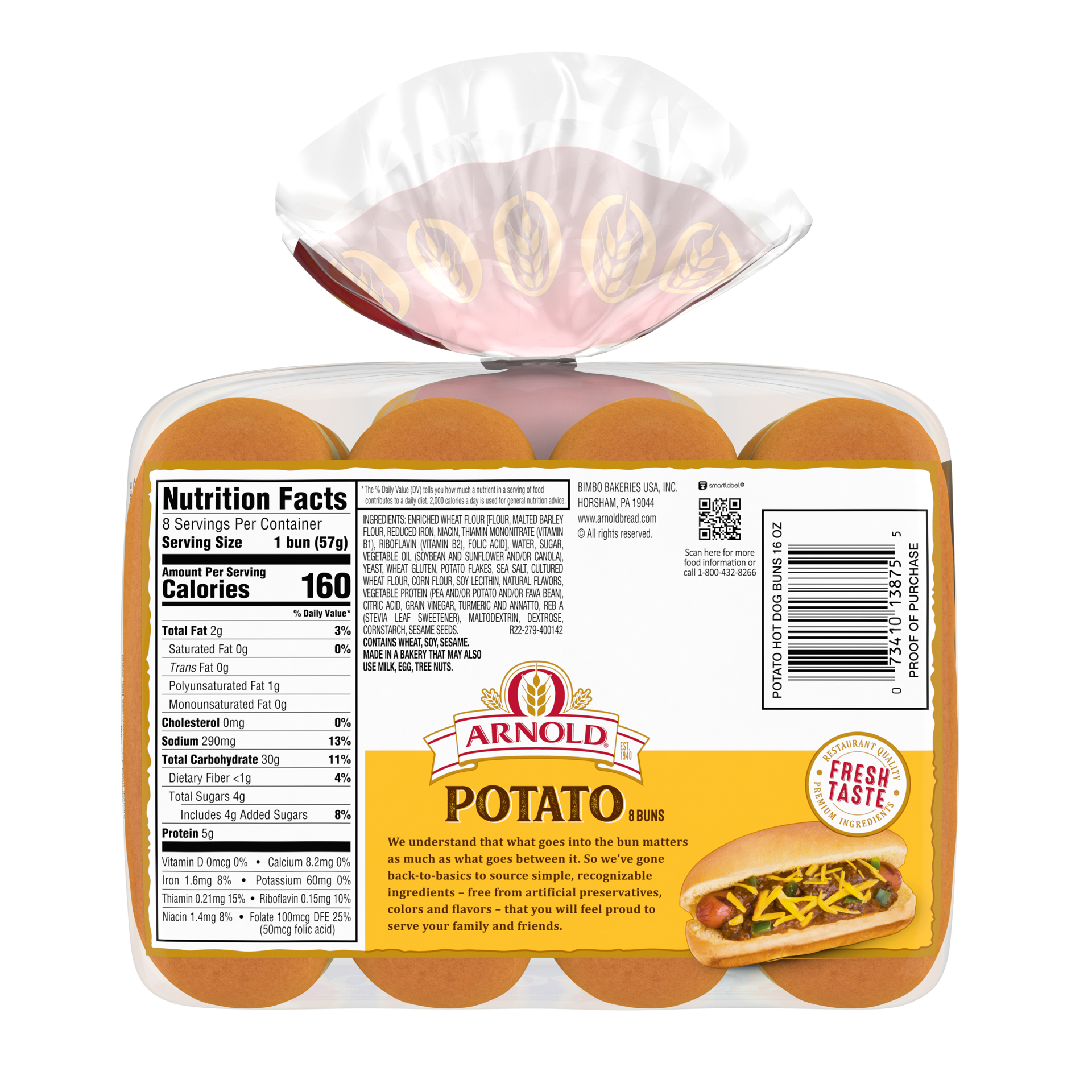 slide 2 of 5, Arnold Potato Buns, 8 count, Hot Dog Buns, 16 oz Bag, 8 ct