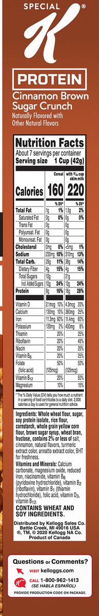 slide 7 of 8, Special K Kellogg's Special K Protein Breakfast Cereal, 10 Vitamins and Minerals, Protein Snacks, Cinnamon Brown Sugar Crunch, 11oz Box, 1 Box, 11 oz