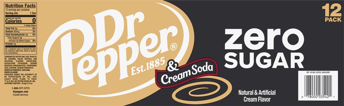 slide 5 of 7, Dr Pepper 12 Pack Zero Sugar Cream Soda 12-12 fl oz Can, 12 ct; 12 fl oz