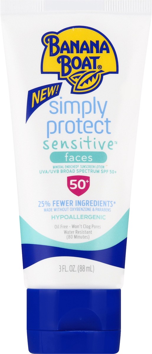 slide 1 of 9, Banana Boat Simply Protect UVA/UVB Broad Spectrum SPF 50+ Sensitive Faces Sunscreen Lotion 3 oz, 1 cnt