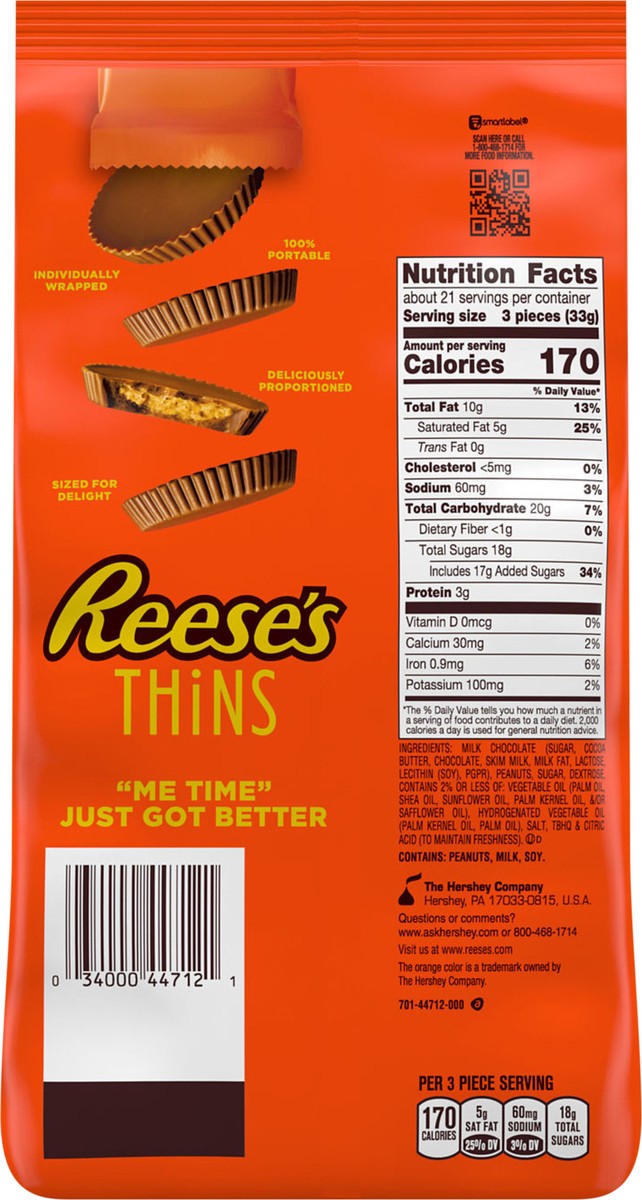 slide 2 of 8, REESE'S THiNS Milk Chocolate Peanut Butter Creamy, Individually Wrapped Cups Candy Party Pack, 24.05 oz, 24.05 oz