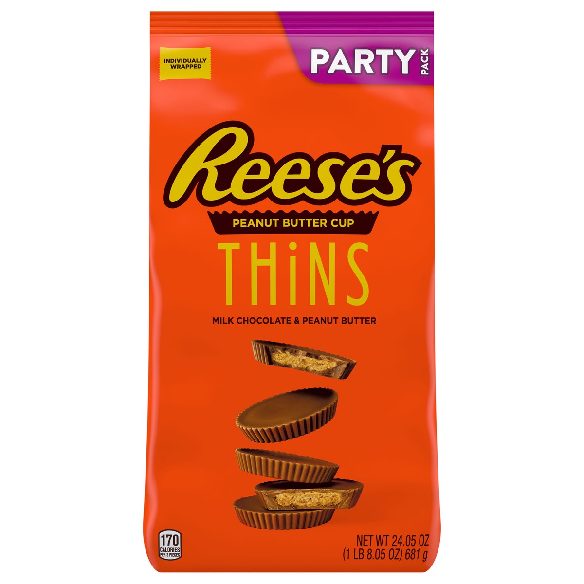 slide 5 of 8, REESE'S THiNS Milk Chocolate Peanut Butter Creamy, Individually Wrapped Cups Candy Party Pack, 24.05 oz, 24.05 oz