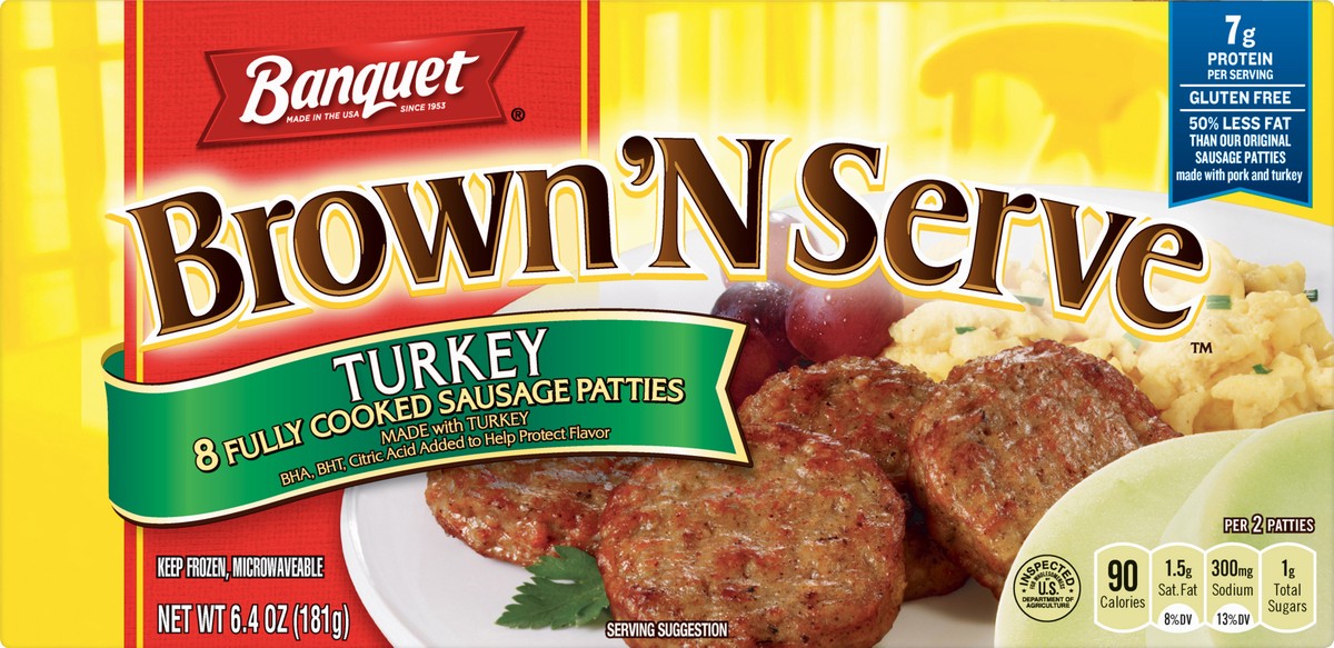 slide 1 of 5, Banquet Brown 'N Serve Fully Cooked Turkey Sausage Patties 8 ea, 8 ct