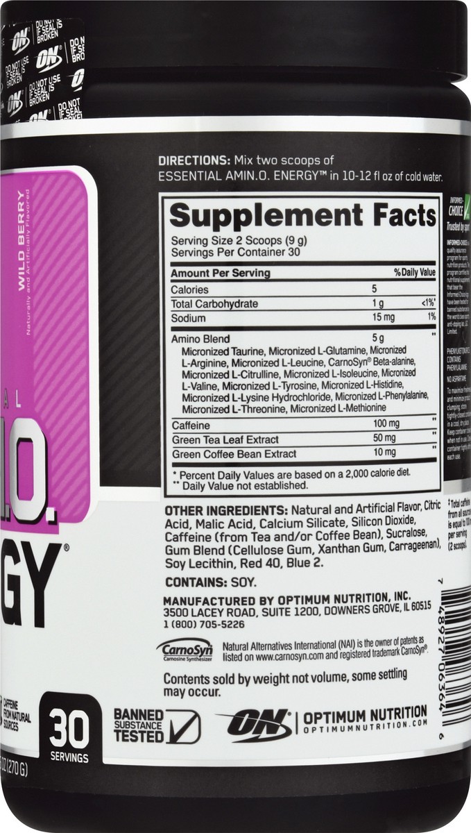 slide 6 of 12, Optimum Nutrition Essential Wild Berry Amino Energy 9.5 oz, 9.5 oz