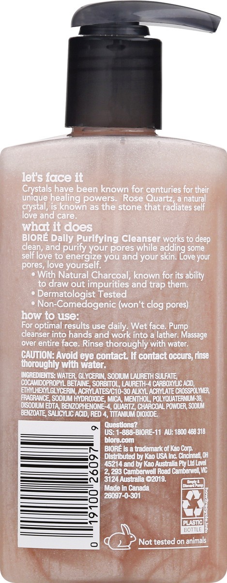 slide 9 of 9, Biore Rose Quartz + Charcoal Cleanser Daily Purifying Cleanser, 6.77 oz
