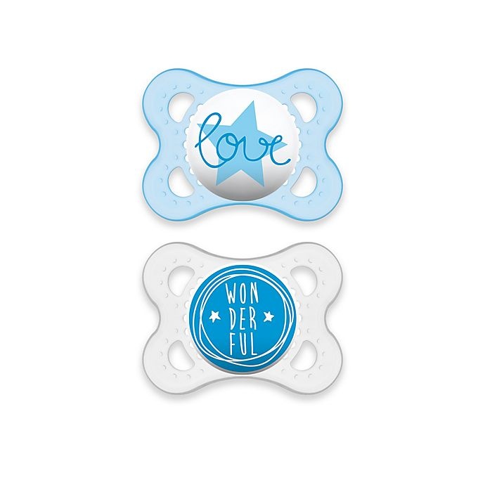 slide 1 of 7, MAM Attitude 0-6 Months Orthodontic Pacifier - Blue/Clear, 2 ct