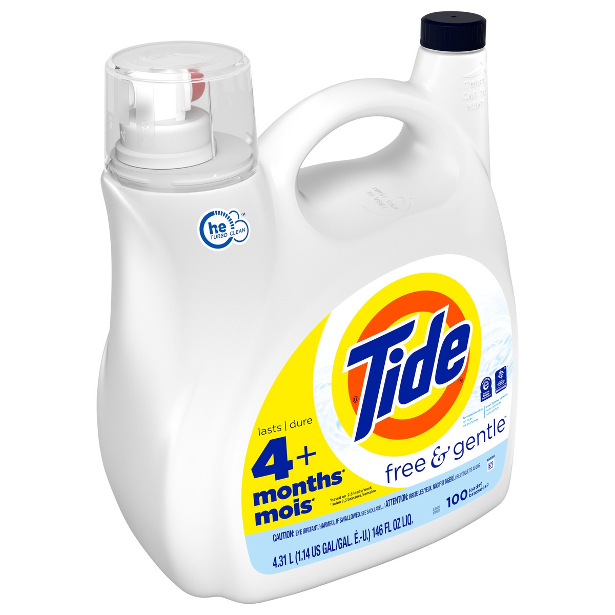 slide 2 of 4, Tide Free & Gentle Liquid Laundry Detergent, 100 loads 146 fl oz, HE Compatible, 146 fl oz