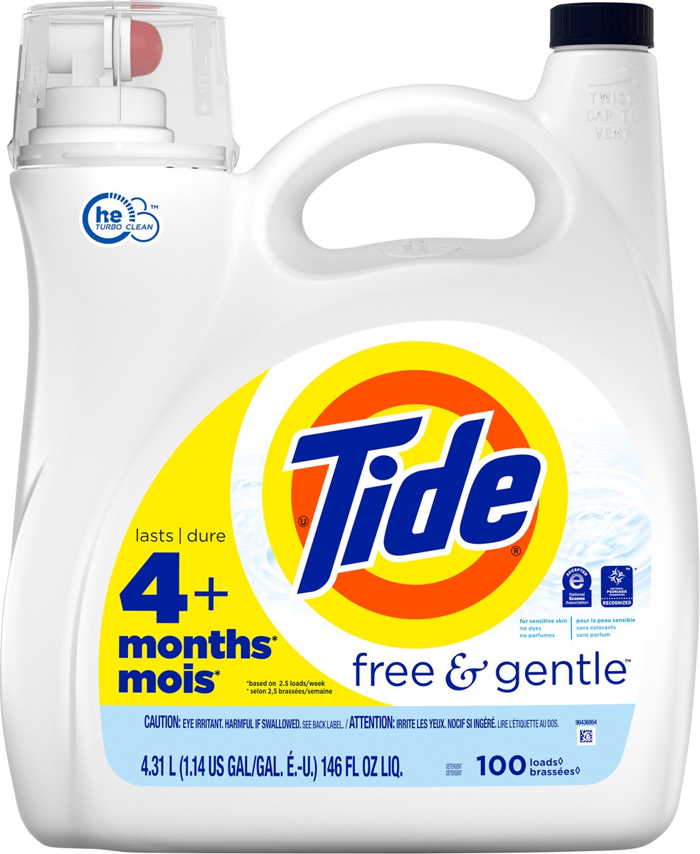 slide 4 of 4, Tide Free & Gentle Liquid Laundry Detergent, 100 loads 146 fl oz, HE Compatible, 146 fl oz