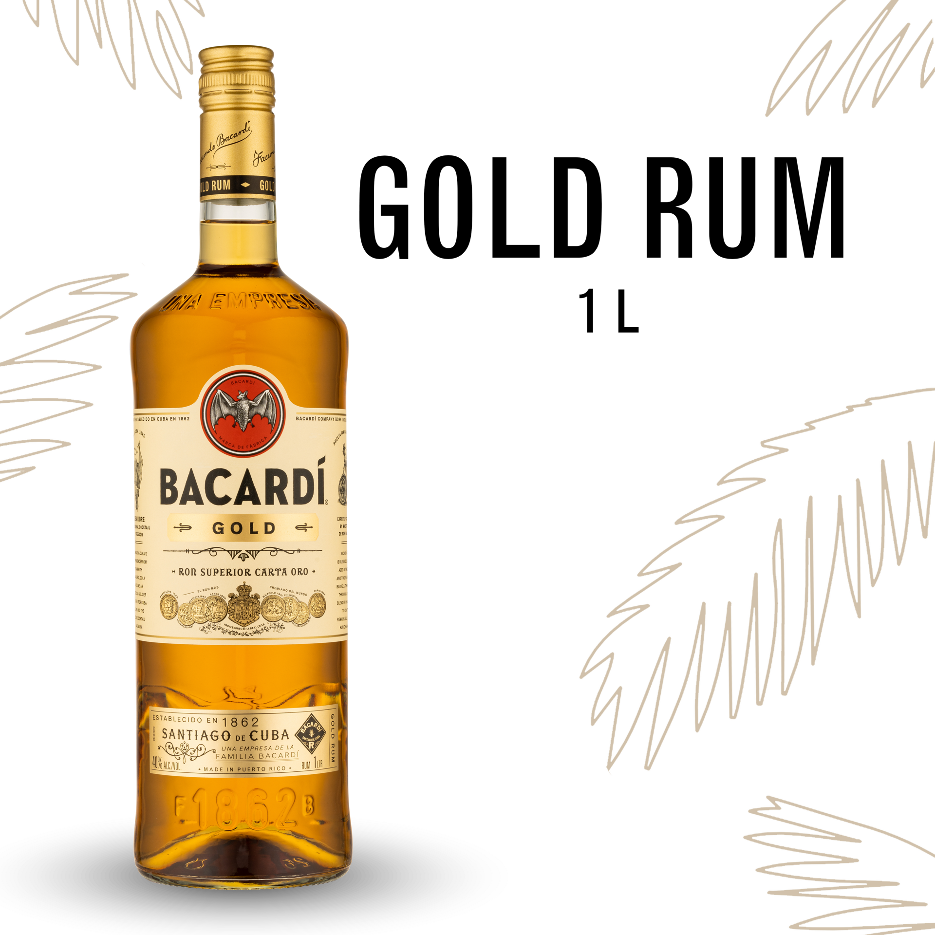 slide 1 of 5, Bacardí Bacardi Gold Rum, Gluten Free 40% 100Cl/1L, 1 liter