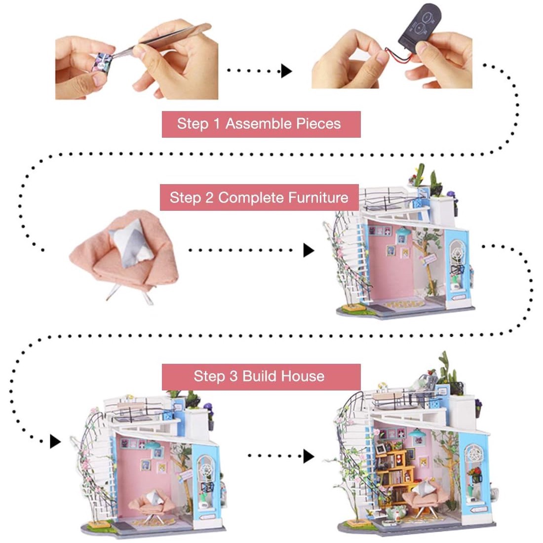 slide 2 of 7, Robotime Rolife Dora's Loft Diy Miniature House Kit, 9.06 in x 6.3 in x 10.24 in