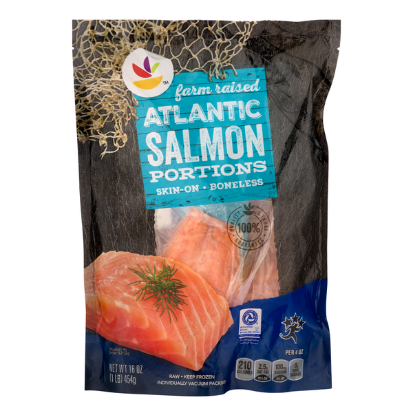 slide 1 of 1, Giant Atlantic Salmon Portions Boneless Skin-On Farm Raised Frozen, 16 oz