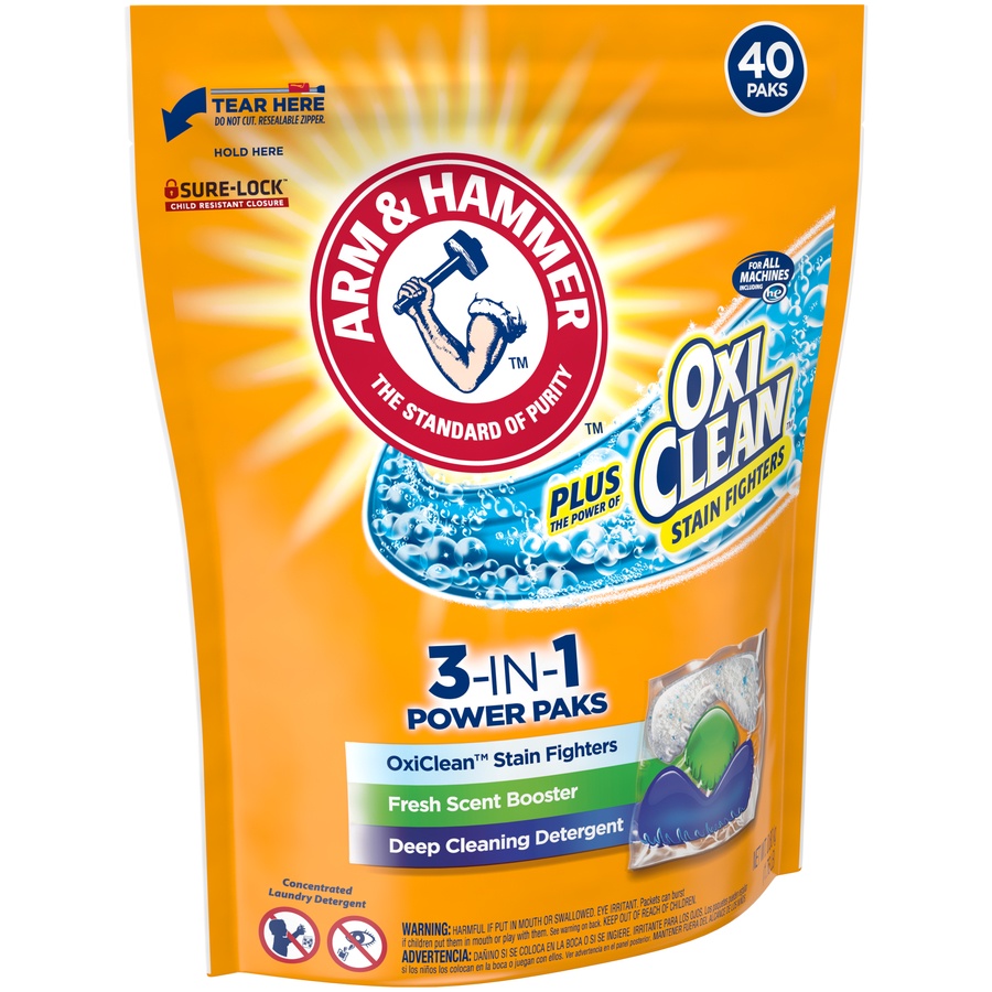 slide 2 of 4, ARM & HAMMER Oxi Clean Stain Fighters Fresh Scent 3-in-1 Power Paks Deep Cleansing Laundry Detergent, 1.76 lb