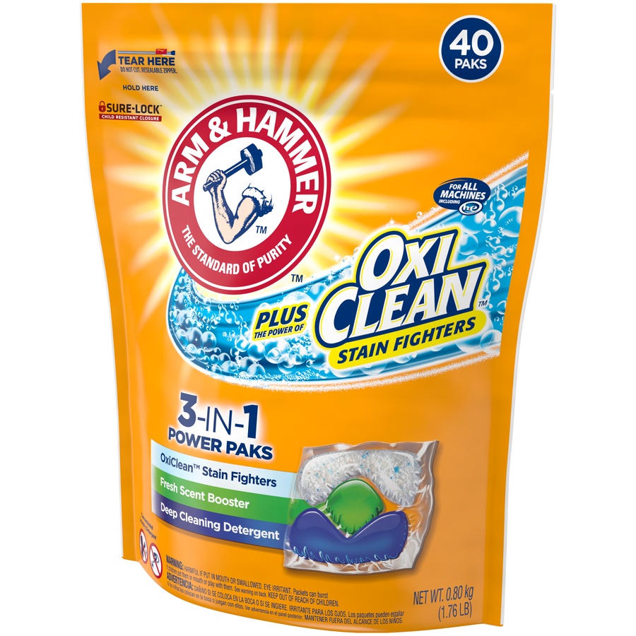 slide 3 of 4, ARM & HAMMER Oxi Clean Stain Fighters Fresh Scent 3-in-1 Power Paks Deep Cleansing Laundry Detergent, 1.76 lb
