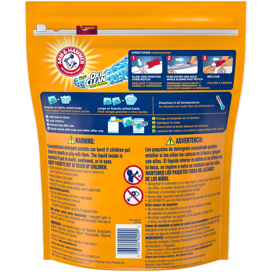 slide 4 of 4, ARM & HAMMER Oxi Clean Stain Fighters Fresh Scent 3-in-1 Power Paks Deep Cleansing Laundry Detergent, 1.76 lb