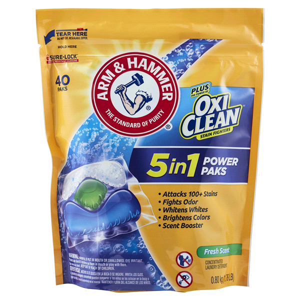 slide 1 of 4, ARM & HAMMER Oxi Clean Stain Fighters Fresh Scent 3-in-1 Power Paks Deep Cleansing Laundry Detergent, 1.76 lb