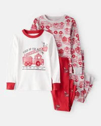Carter's Baby Boy Firetruck Print 100% Cotton Long-Sleeve 4-Piece Pajamas - Red/White - 9M