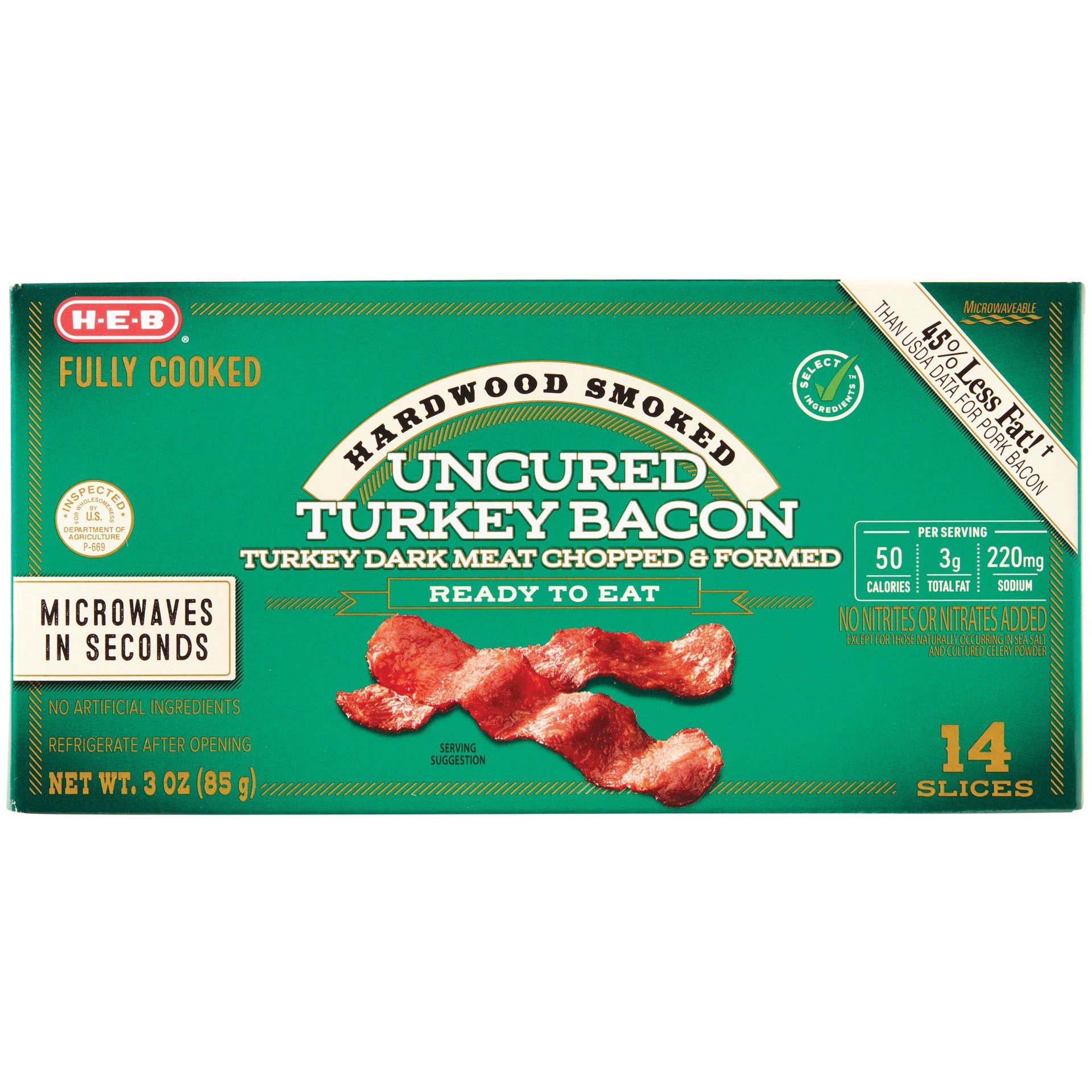 slide 1 of 1, H-E-B Fully Cooked Hardwood Smoked Uncured Turkey Bacon Slices, 3 oz