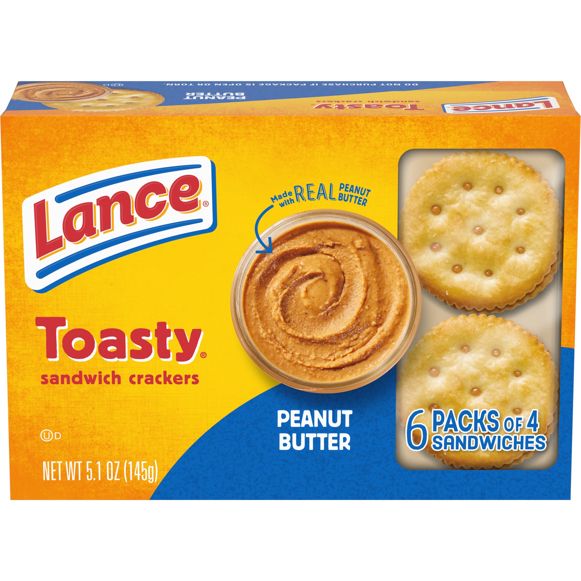 slide 1 of 11, Lance Sandwich Crackers, Toasty Peanut Butter, 6 Individually Wrapped Packs, 4 Sandwiches Each, 5.1 oz