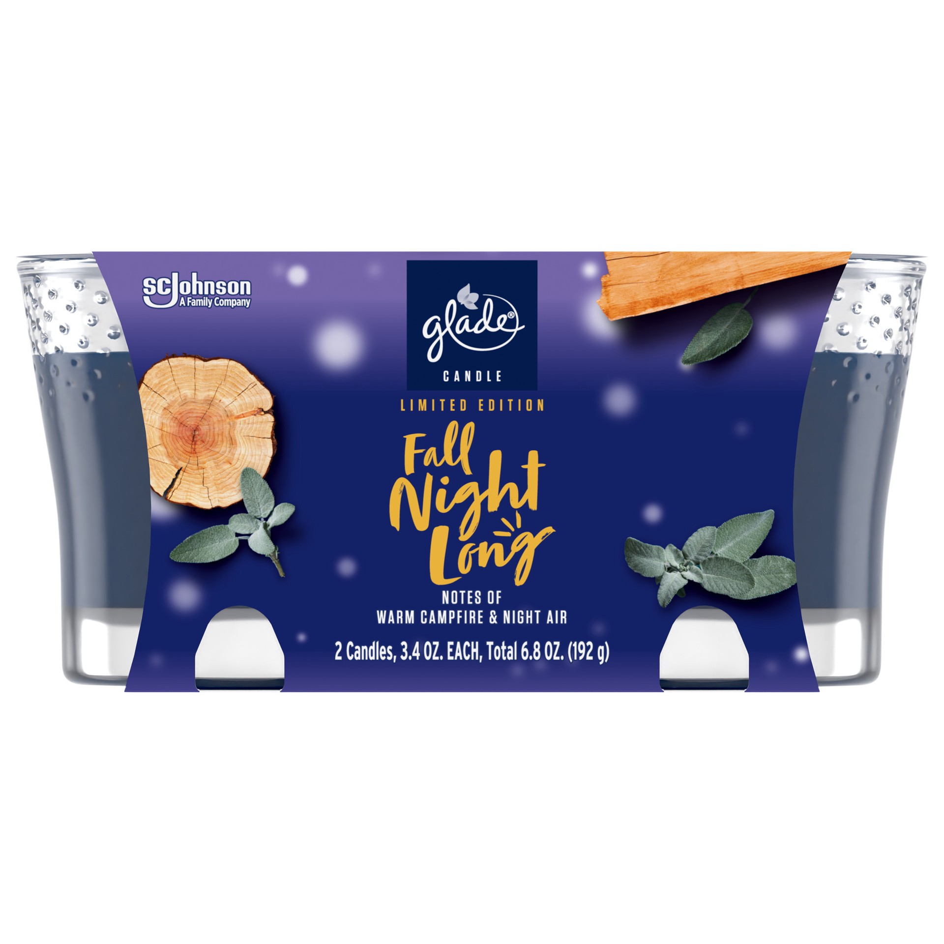 slide 1 of 5, Glade 1 Wick Scented Candle, Fall Night Long, Fragrance Infused with Essential Oils, 3.4 oz Each, Pack of 2, 6.8 oz