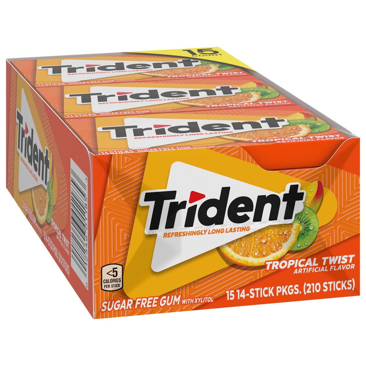 slide 2 of 13, Trident Tropical Twist Sugar Free Gum, 15 Packs of 14 Pieces (210 Total Pieces), 