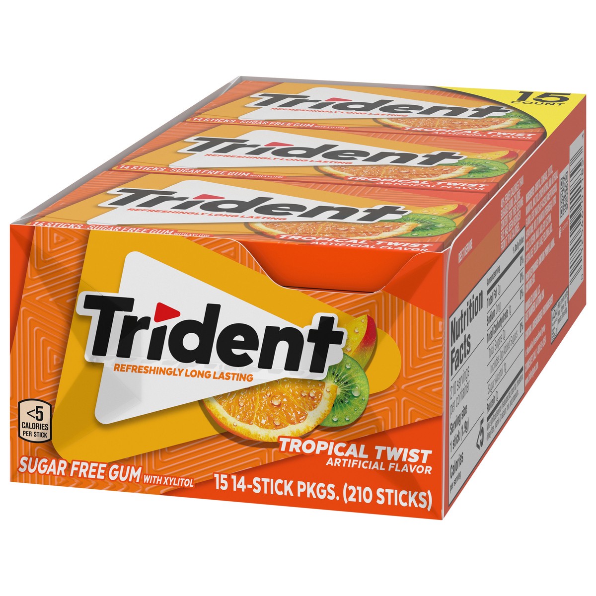 slide 3 of 13, Trident Tropical Twist Sugar Free Gum, 15 Packs of 14 Pieces (210 Total Pieces), 