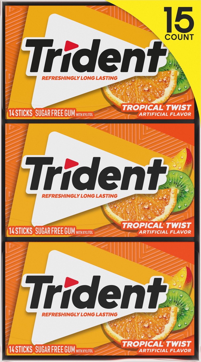 slide 5 of 13, Trident Tropical Twist Sugar Free Gum, 15 Packs of 14 Pieces (210 Total Pieces), 