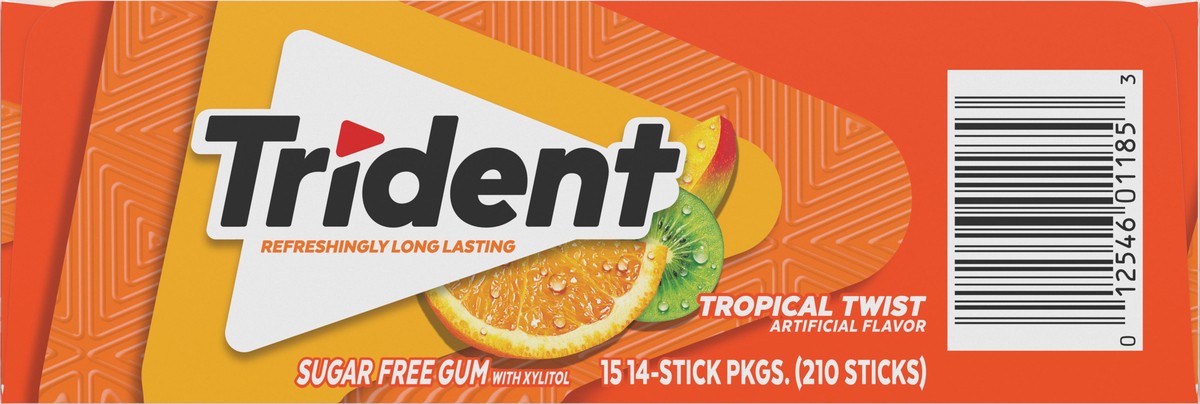 slide 7 of 13, Trident Tropical Twist Sugar Free Gum, 15 Packs of 14 Pieces (210 Total Pieces), 