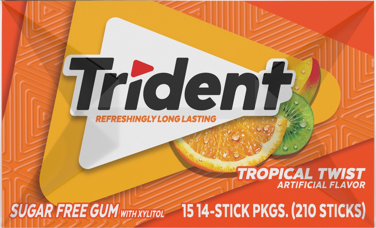 slide 10 of 13, Trident Tropical Twist Sugar Free Gum, 15 Packs of 14 Pieces (210 Total Pieces), 