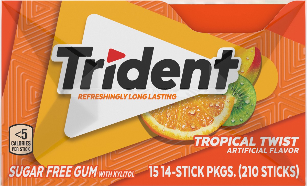 slide 11 of 13, Trident Tropical Twist Sugar Free Gum, 15 Packs of 14 Pieces (210 Total Pieces), 