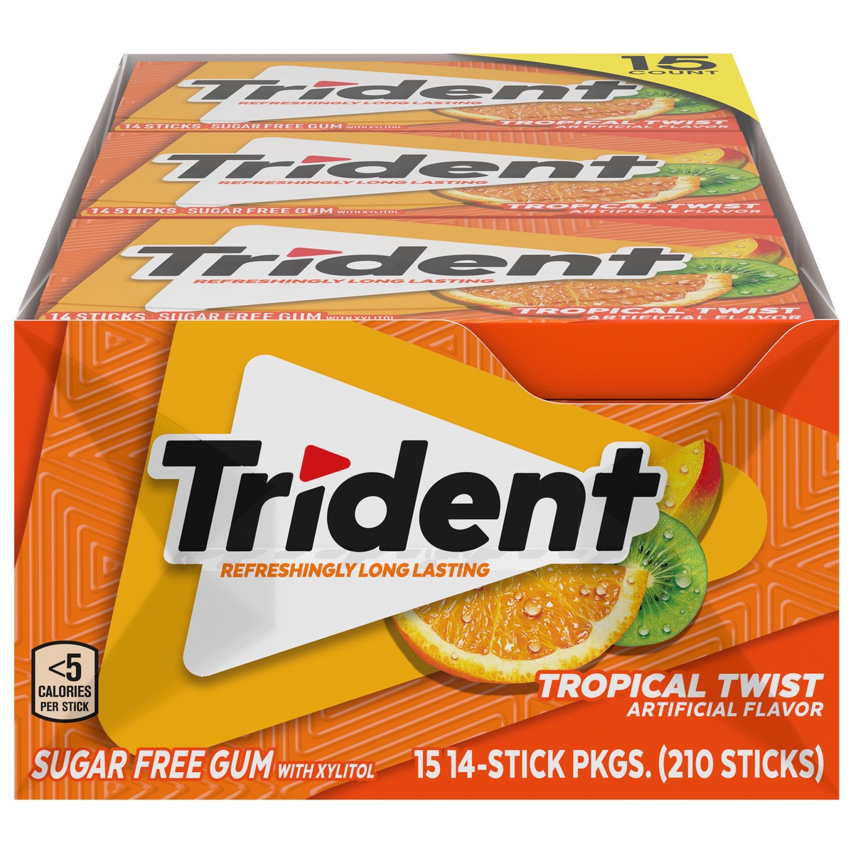 slide 1 of 13, Trident Tropical Twist Sugar Free Gum, 15 Packs of 14 Pieces (210 Total Pieces), 