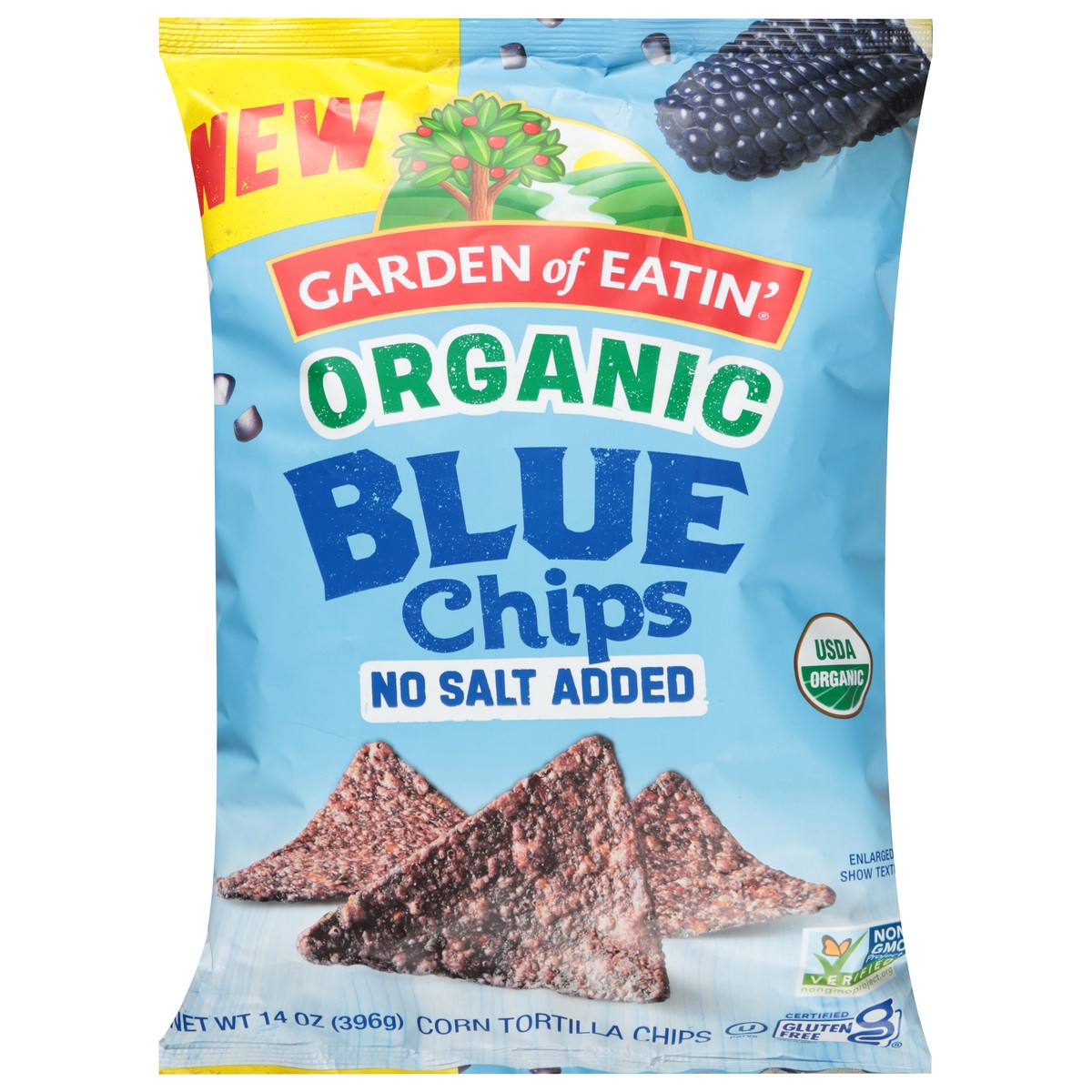 slide 1 of 12, Garden of Eatin' No Salt Added Organic Blue Corn Tortilla Chips 14 oz, 14 oz