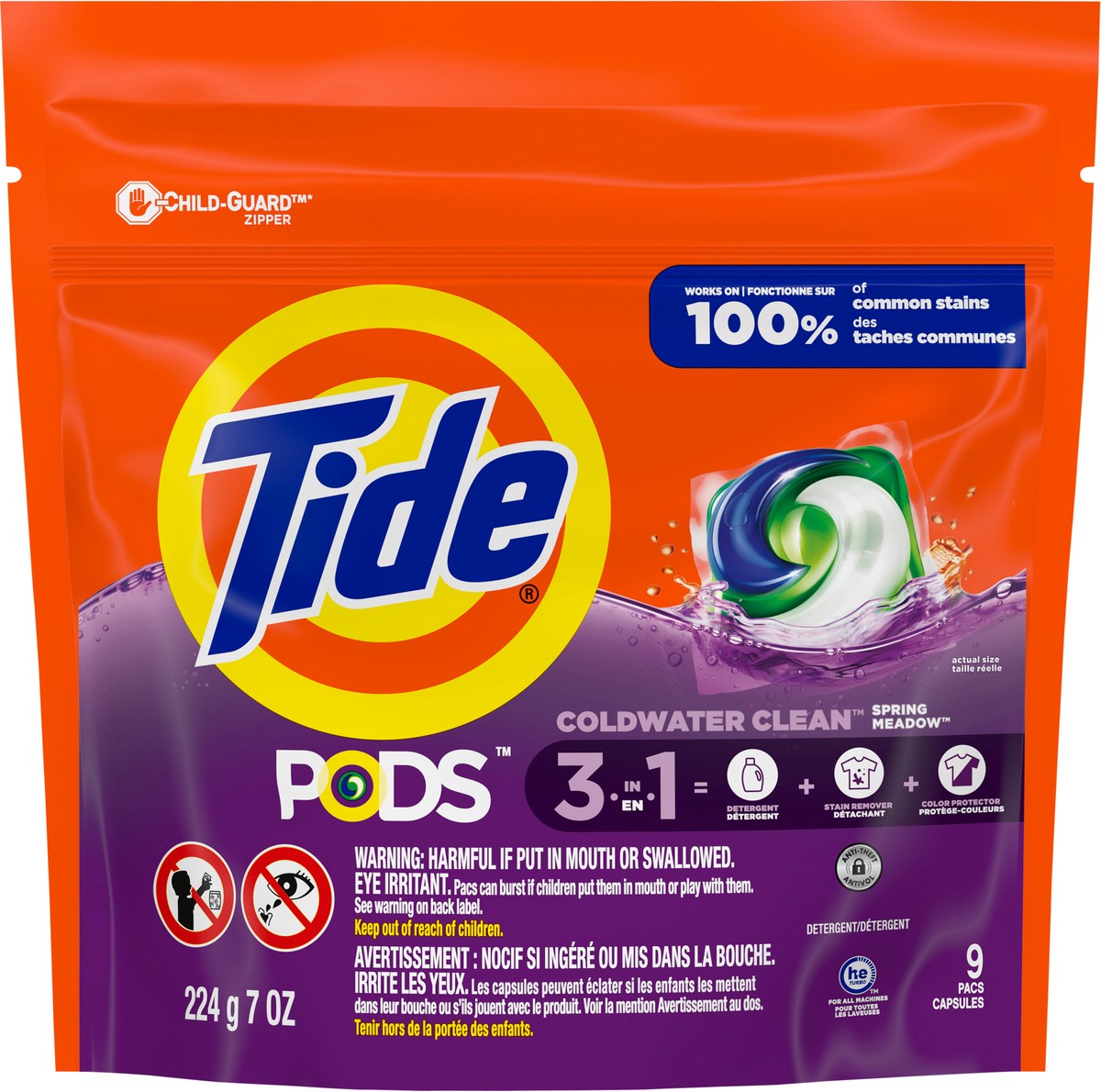 slide 5 of 6, Tide PODS Laundry Detergent Soap Pacs, HE Compatible, 9 ct, Powerful 3-in-1 Clean, Spring Meadow, 9 ct