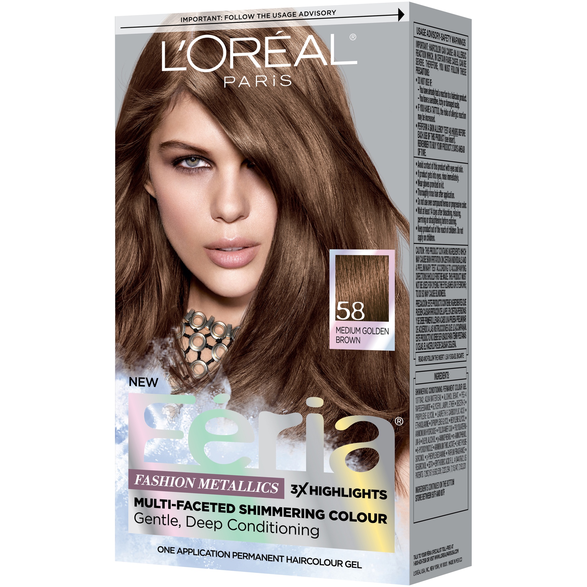 slide 4 of 8, L'Oréal Feria Multi-Faceted Shimmering Colour 58 Medium Golden Brown Hair Color, 1 ct