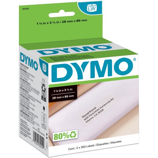 slide 2 of 9, DYMO Address Labels - White (700/Box), 2 pk; 350 ct; 1 1/8 in x 3 1/2 in