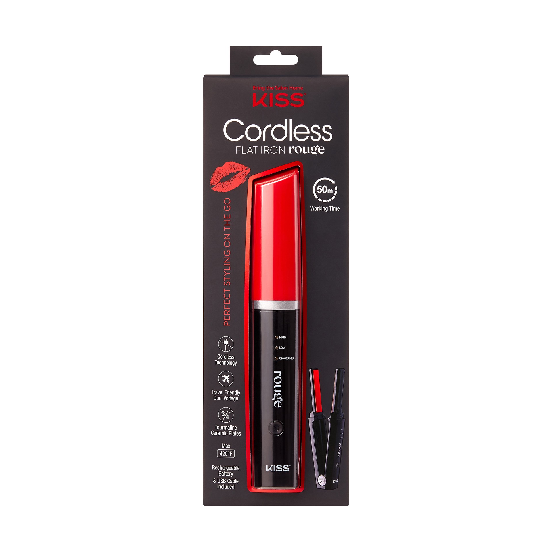 slide 1 of 5, KISS Cordless .75" Flat Iron, Black/Red, 1 cnt