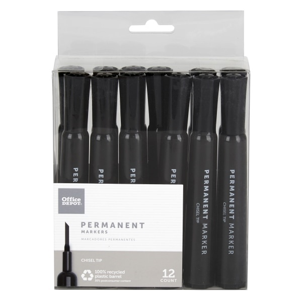 slide 1 of 2, Office Depot Brand Permanent Markers, Chisel Point, 100% Recycled, Black Ink, Pack Of 12, 12 ct